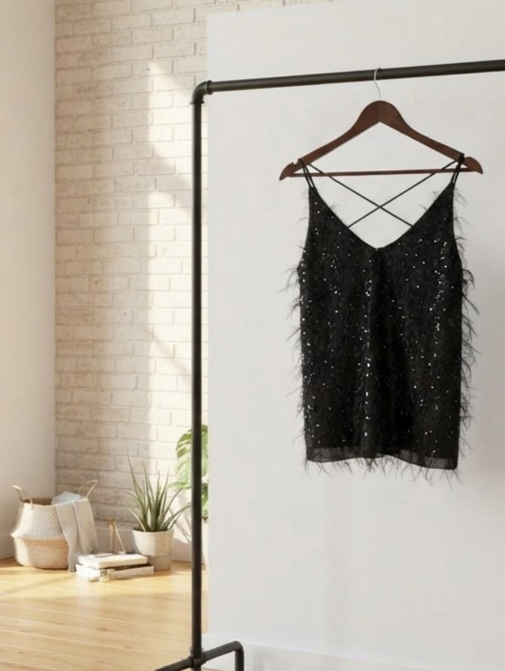 Black Sequin & Feather V-Neck Strappy Cami Top